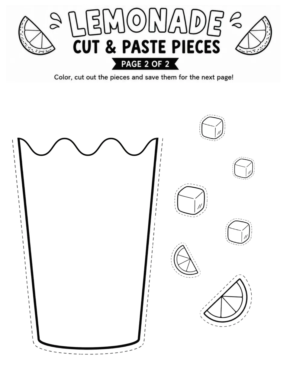 Lemonade pieces, page 2 of 2: students color and cut out a wavy-topped lemonade layer, four ice cubes and two lemon slices