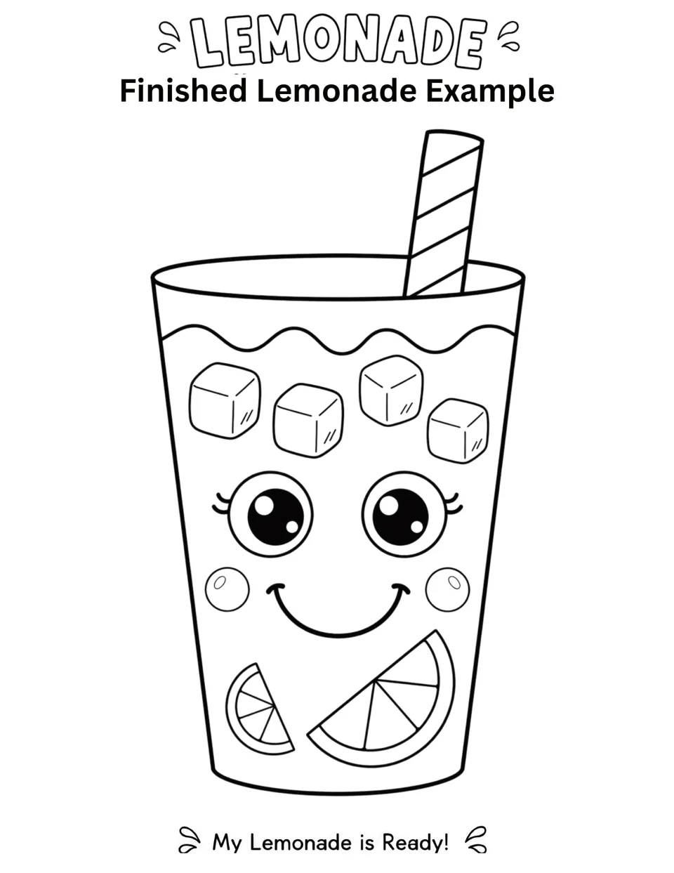 Finished lemonade example: a smiling cup with straw, ice cubes and lemon slices, labeled My Lemonade is Ready!