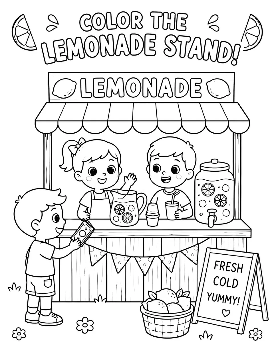 Color the lemonade stand: students color two kids serving lemonade to a boy paying, beside a Fresh Cold Yummy! sign