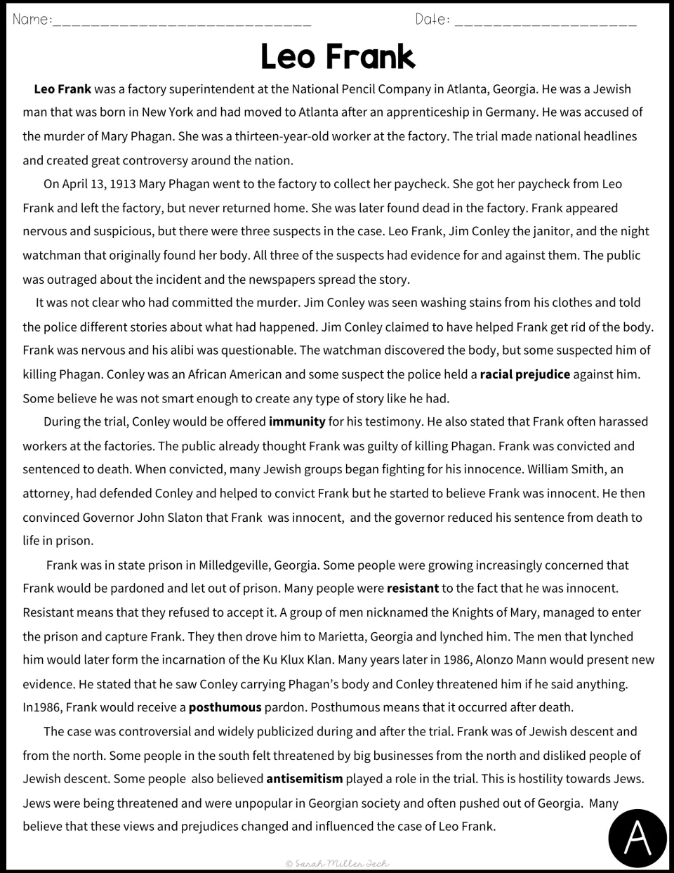 Leo Frank biography, Version A: on-level passage on the 1913 Mary Phagan murder trial, his lynching and posthumous pardon