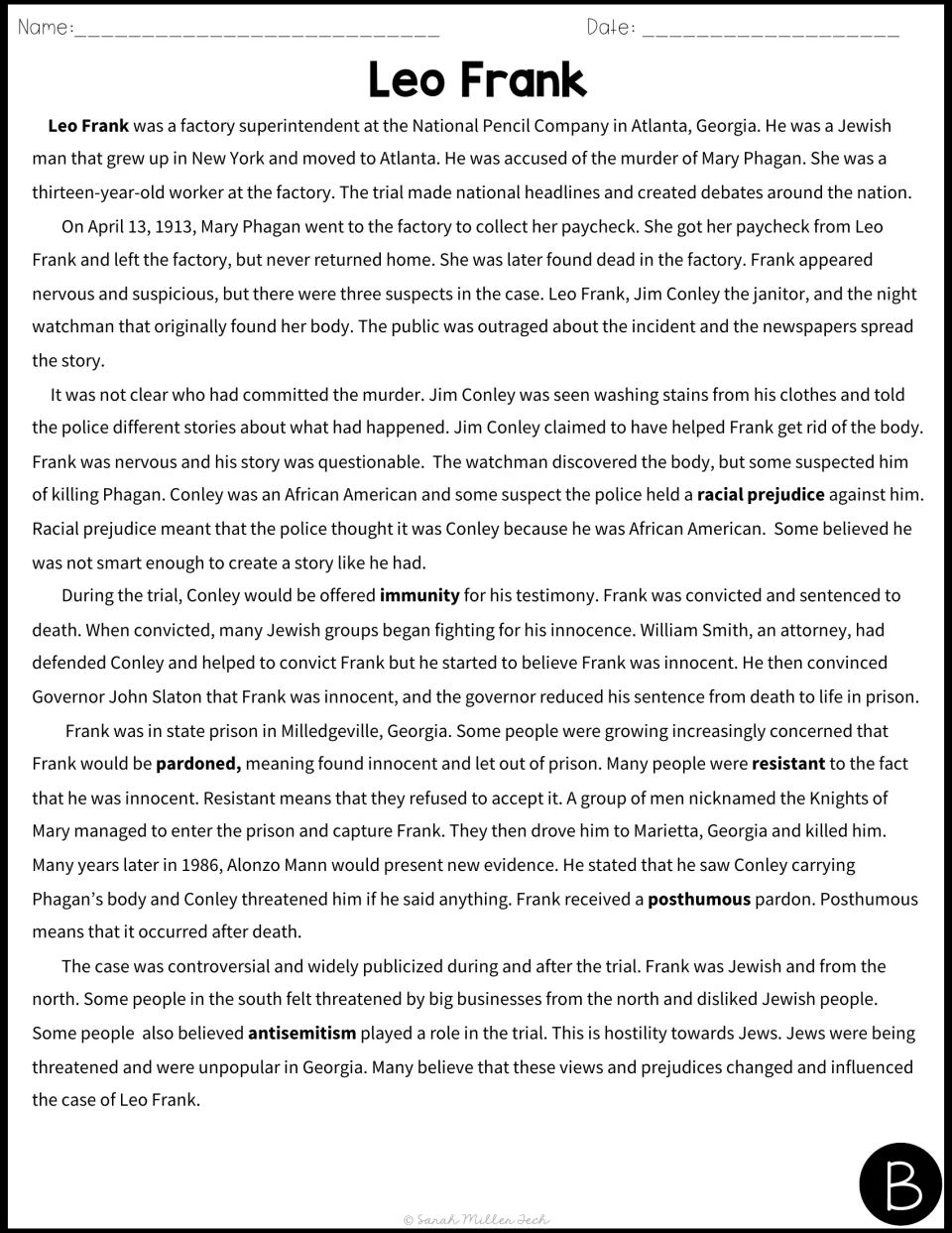 Version B passage on the Frank case with simpler wording that defines racial prejudice, pardoned, resistant and posthumous