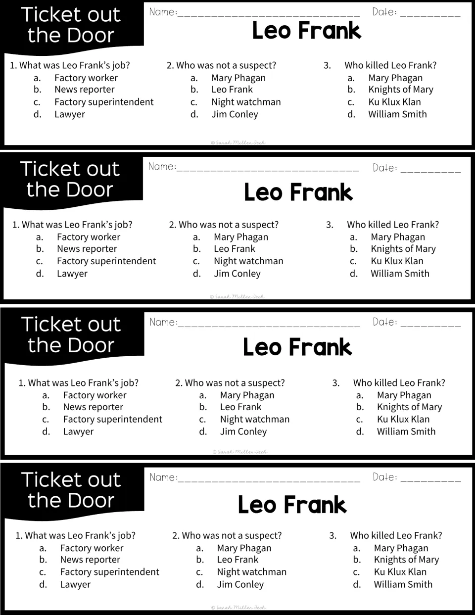 Exit tickets: four copies of a three-question multiple-choice check on Frank's job, the suspects and who killed him
