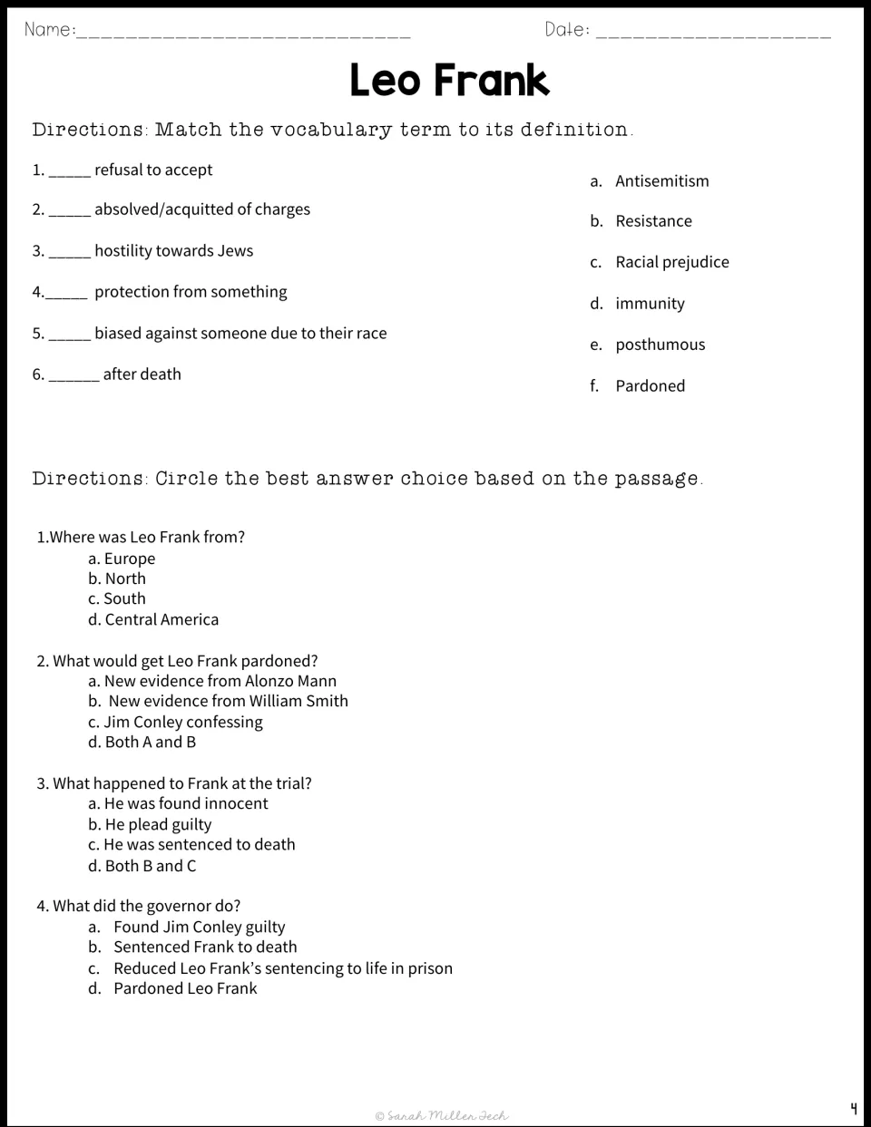 Vocabulary and comprehension: students match six terms such as immunity and posthumous, then answer four passage questions