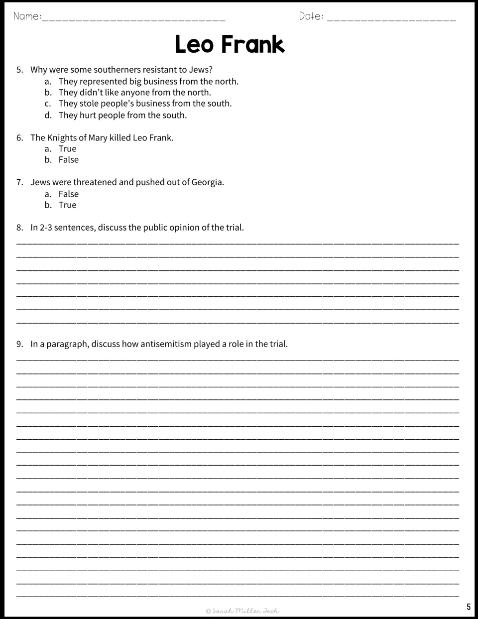 Questions 5-9: multiple choice and true/false, then written responses on public opinion and antisemitism in the trial