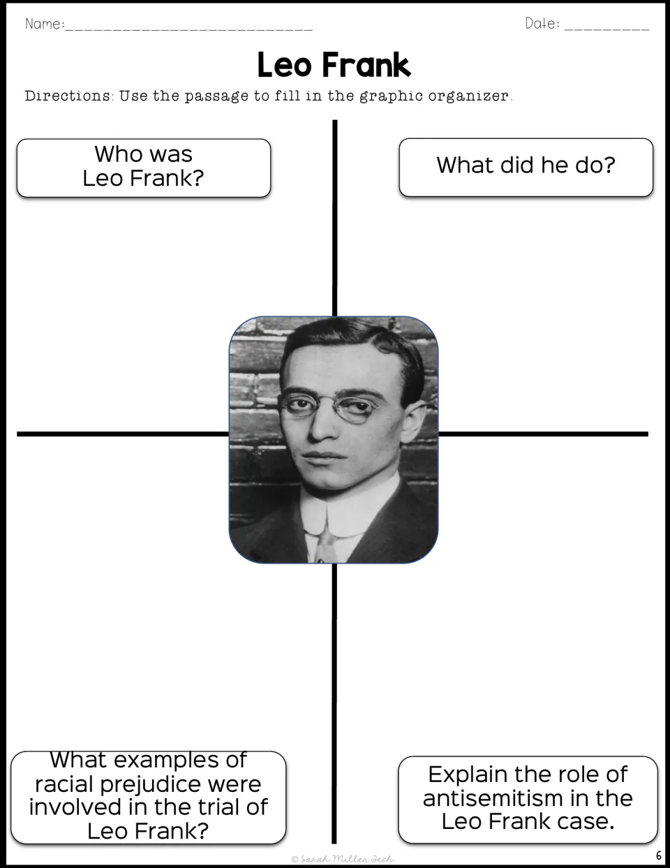 Graphic organizer around a portrait: students note who Frank was, what he did, racial prejudice and antisemitism