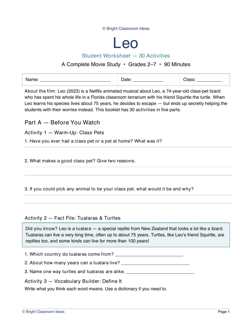 Leo movie study booklet opening: students answer class-pet questions and a tuatara and turtle fact file before viewing