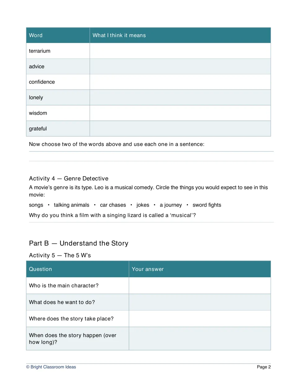 Vocabulary and genre: students define six words, write two sentences, circle musical features, then fill in a 5 W's chart