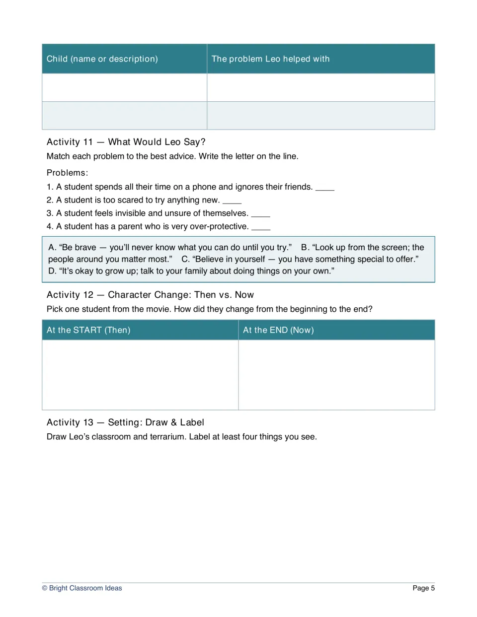 Matching four student problems to Leo's advice, comparing a student's start and end, and labeling a classroom drawing