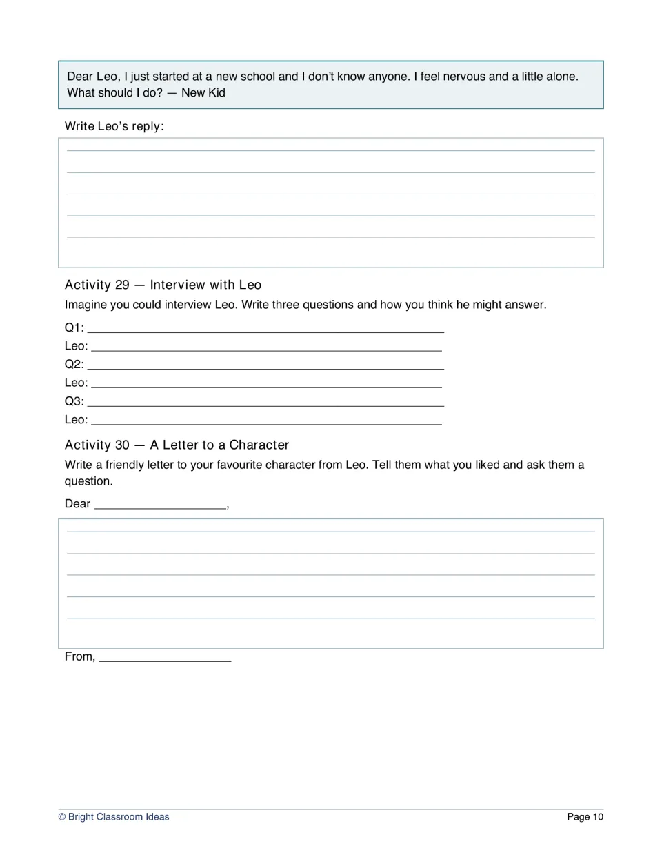 Creative writing: students reply to a new kid's advice letter, write questions for Leo and draft a friendly letter