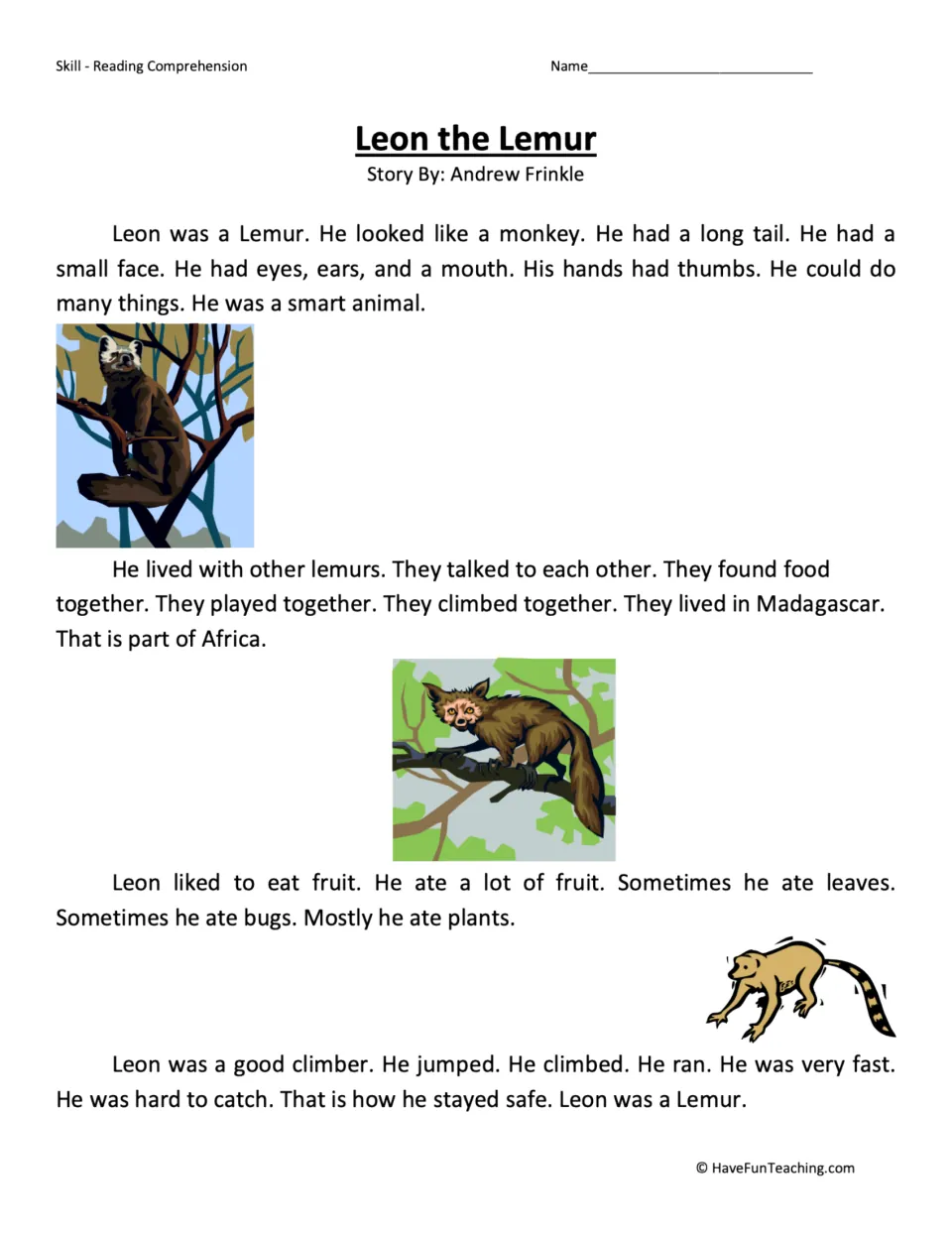 Reading passage about Leon the lemur, describing his body, life in Madagascar, food, and climbing skills.