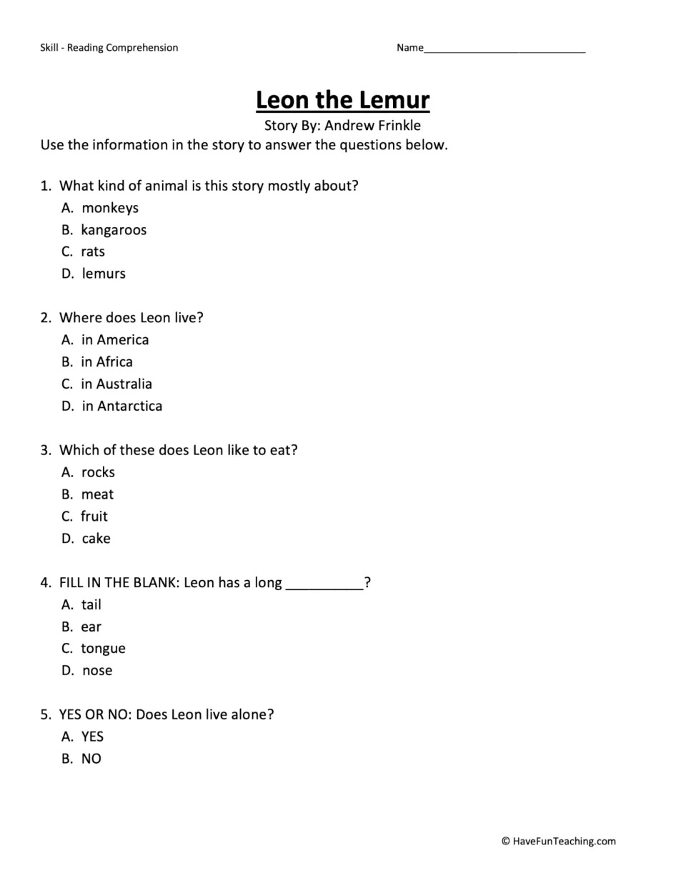 Five comprehension questions about the story's animal, home, favorite food, long tail, and group living.