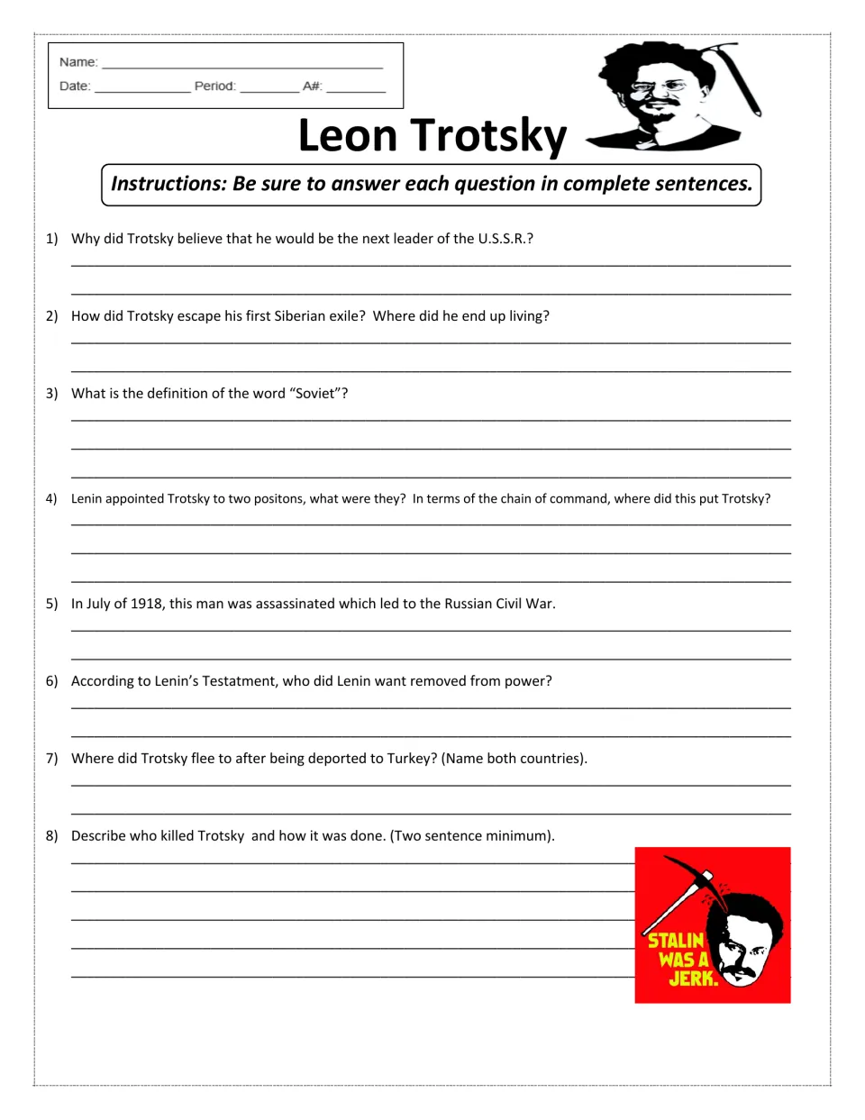 Eight comprehension questions on Trotsky's leadership, Siberian escape, Soviet vocabulary, exile, and death