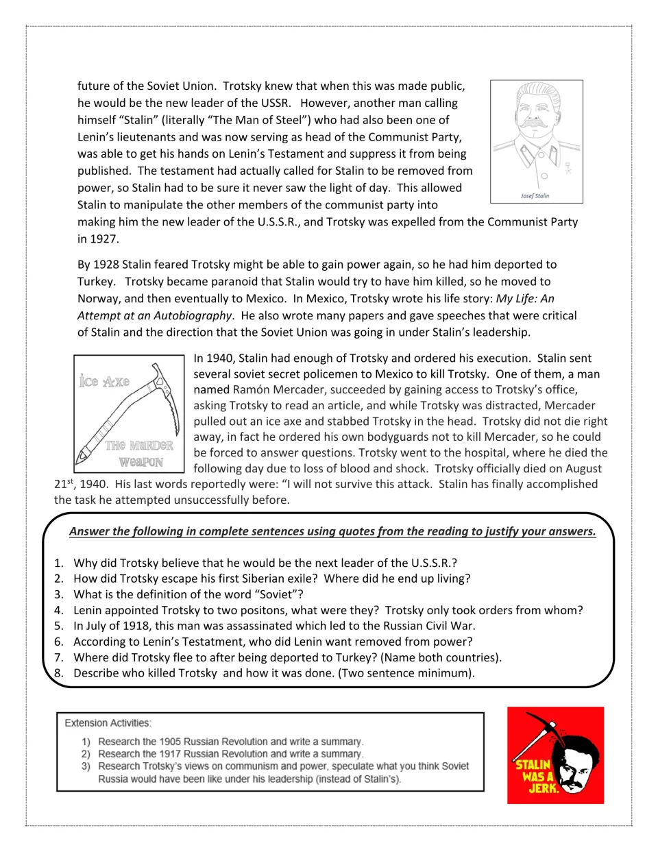 Condensed biography, part 2: Trotsky's exile and death, eight comprehension questions, and research prompts