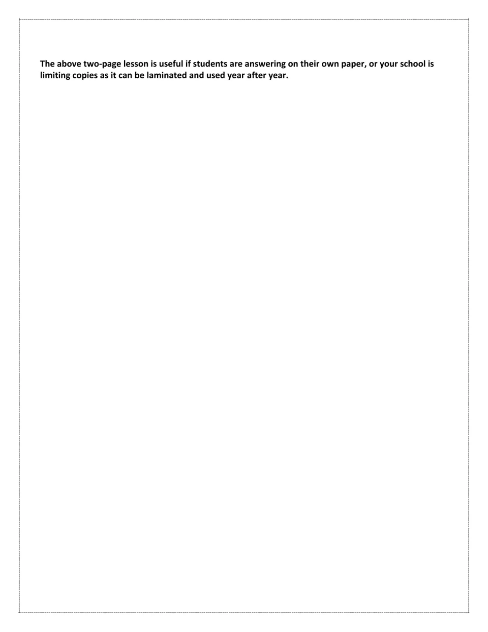 Teacher note explaining that the condensed two-page lesson can be laminated while students use their own paper