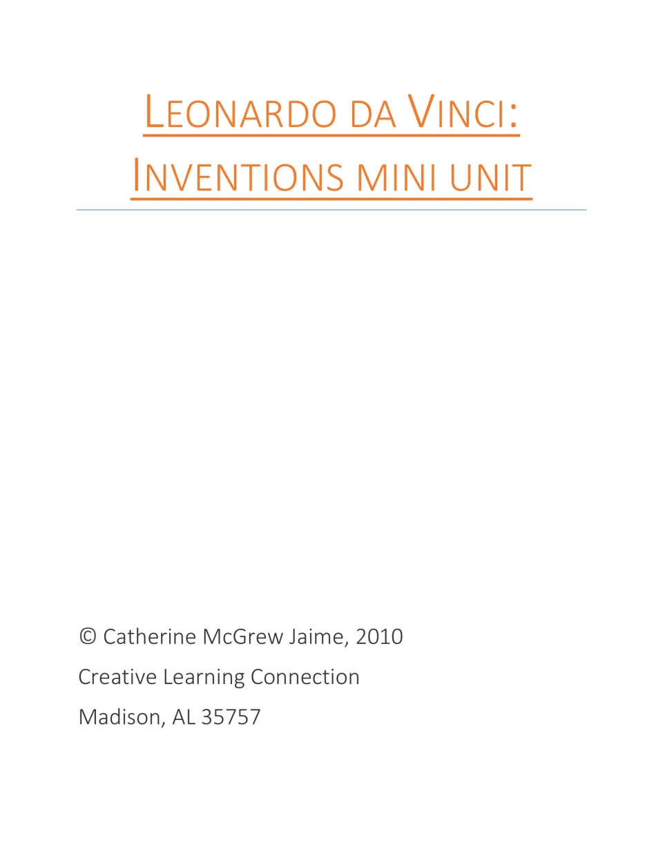 Title page repeating the unit name, with a 2010 copyright for Catherine McGrew Jaime, Creative Learning Connection