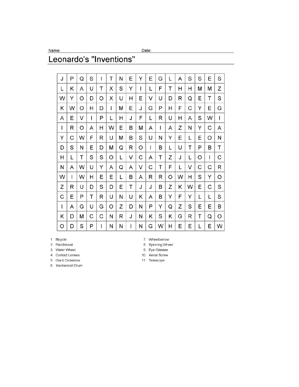 Leonardo's "Inventions" word search: students find 11 words such as bicycle, paddleboat, aerial screw and spinning wheel