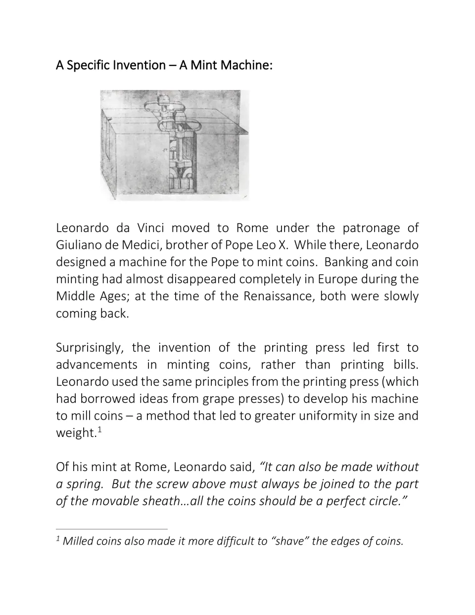 A Specific Invention: Leonardo's mint machine for Pope Leo X, with his sketch and text on milling uniform coins in Rome