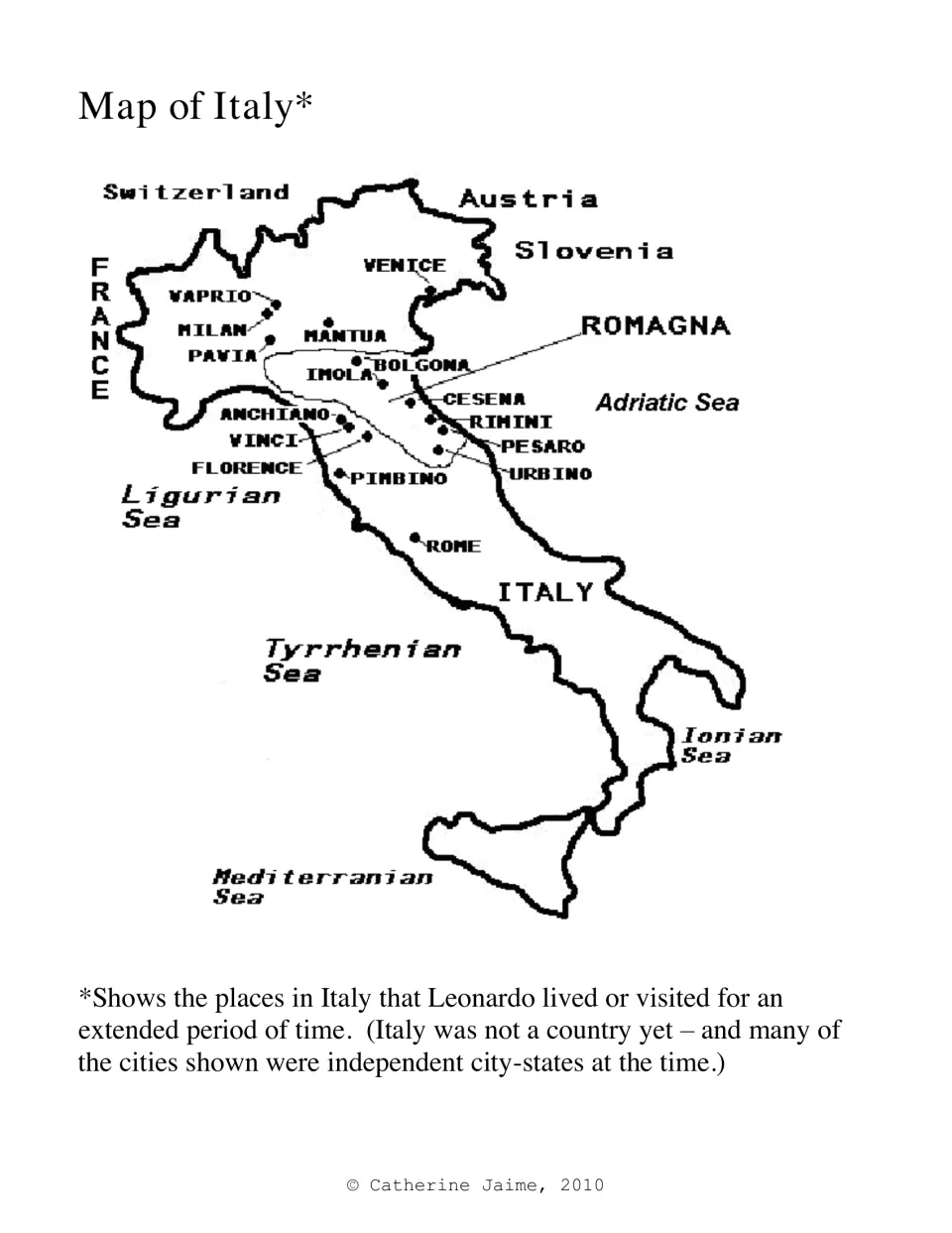 Map of Italy marking Vinci, Florence, Milan, Rome, Venice and other cities where Leonardo lived or visited