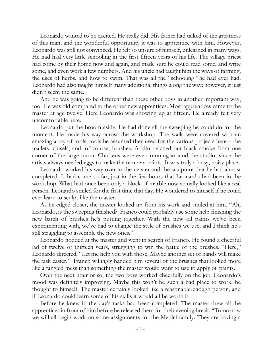 Story page 2 follows Leonardo exploring the workshop, watching Verrocchio sculpt, and helping Franco make brushes
