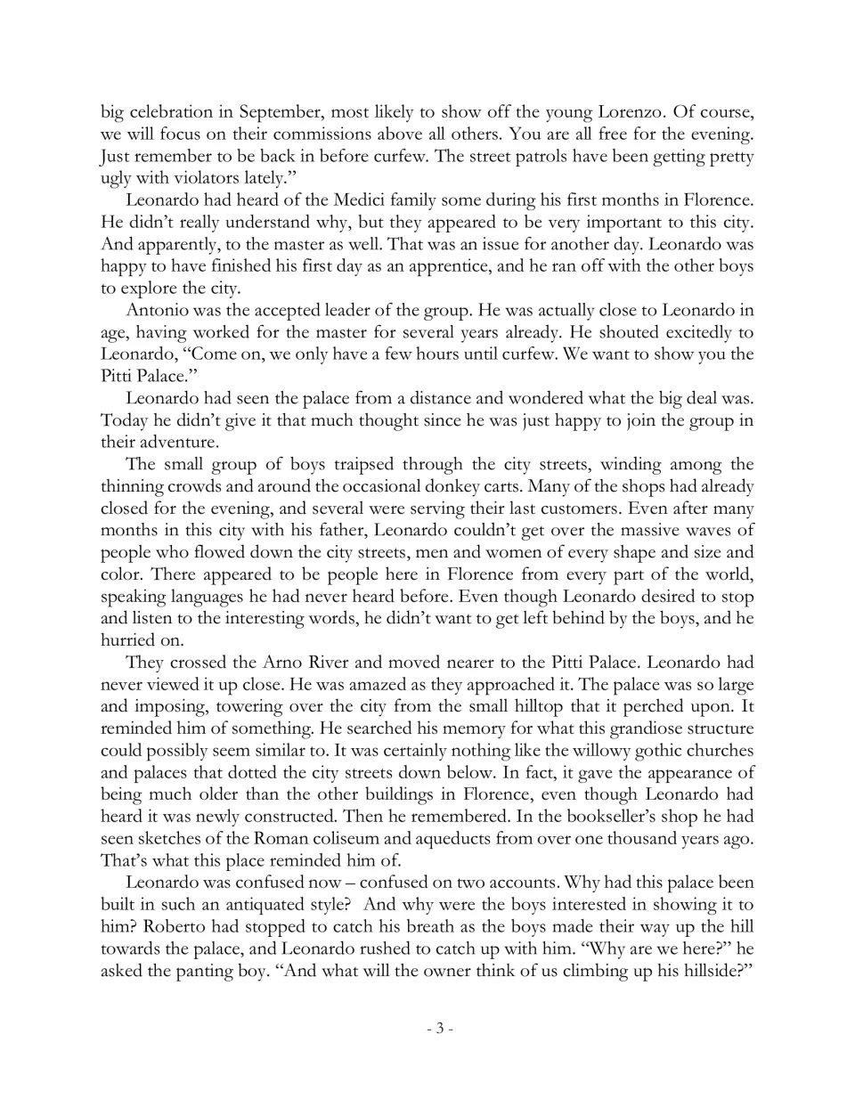 Story page 3 follows Leonardo and the other apprentices through Florence to explore the Pitti Palace