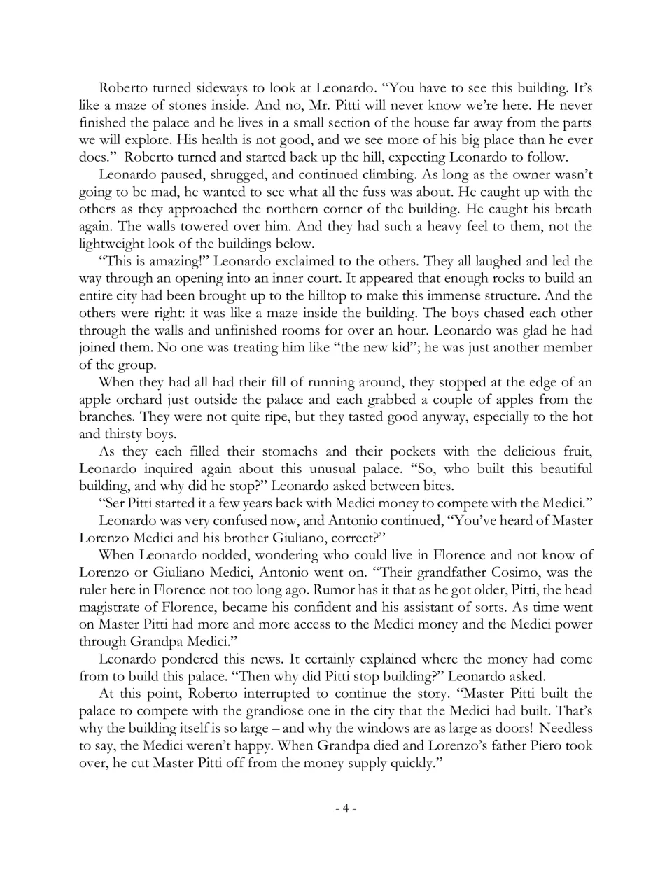 Story page 4 shows the boys exploring Pitti Palace and explaining Pitti's financial ties to the Medici family