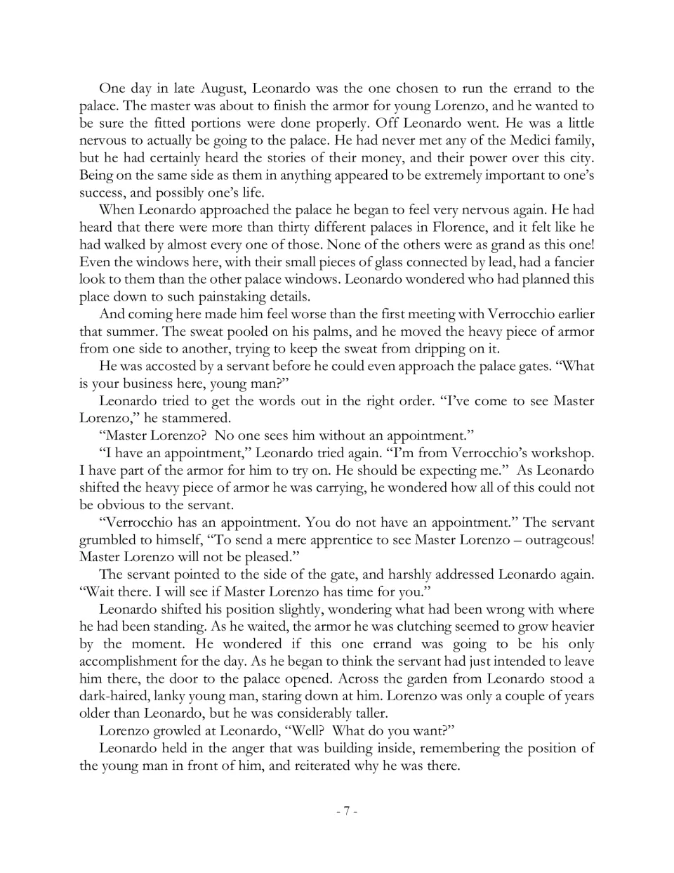 Story page 7 follows Leonardo delivering armor to the Medici palace and facing a servant before meeting Lorenzo