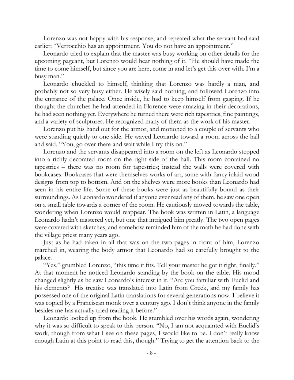 Story page 8 follows Leonardo into the palace library, where Lorenzo introduces him to Euclid's Elements