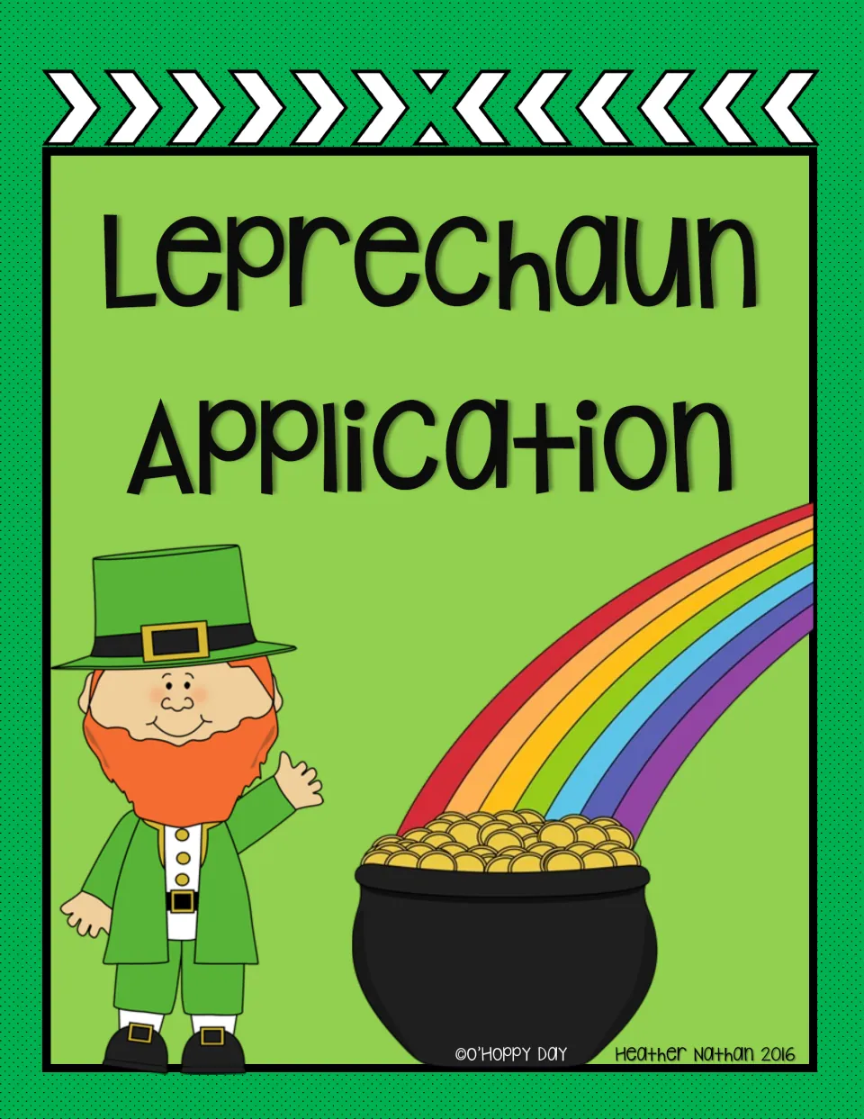 Leprechaun Application cover: a smiling leprechaun waves beside a rainbow ending in a pot of gold coins