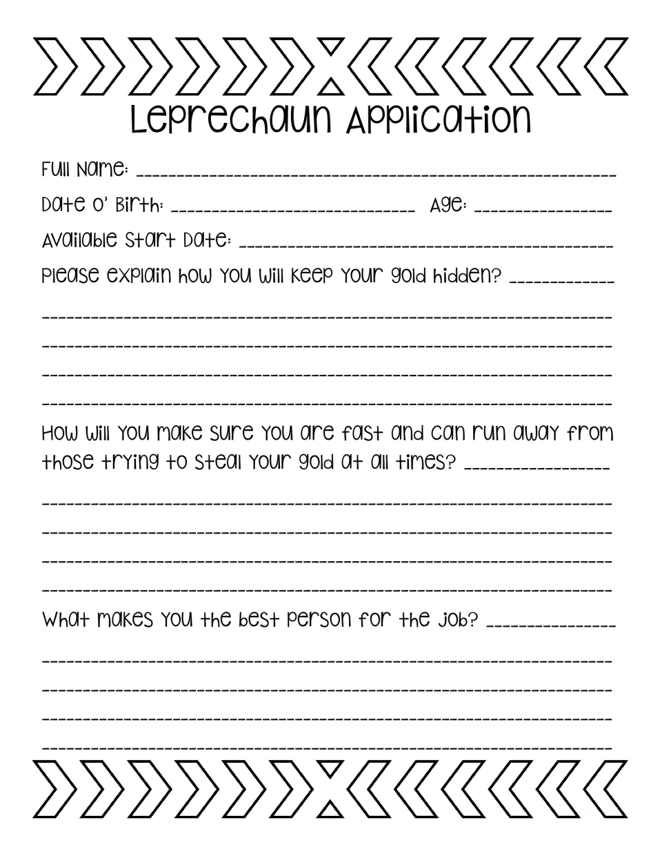 Leprechaun job form: students fill in name, age and start date, then explain hiding gold, running fast and why they fit