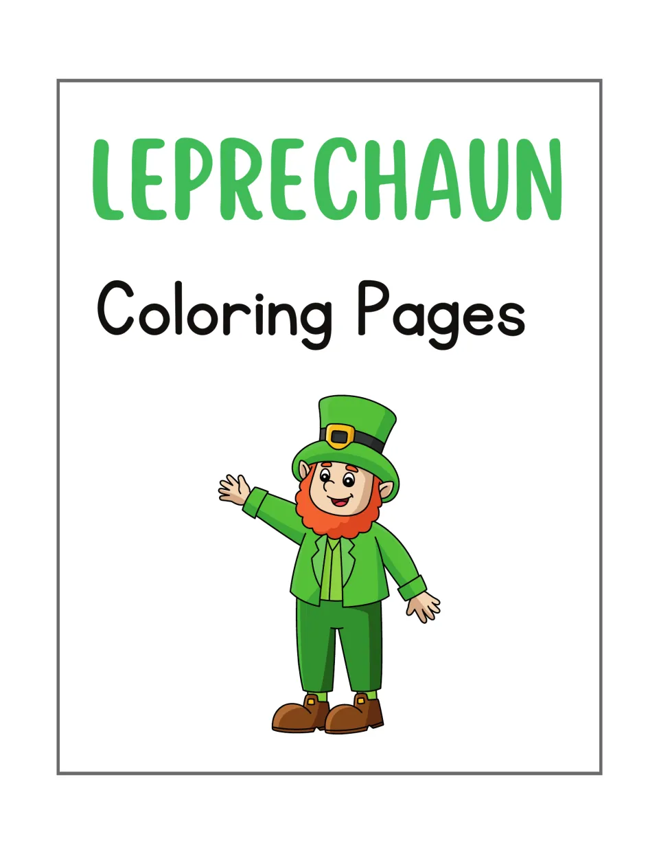 Cover of Leprechaun Coloring Pages, a St. Patrick’s Day coloring set, showing a waving leprechaun in green