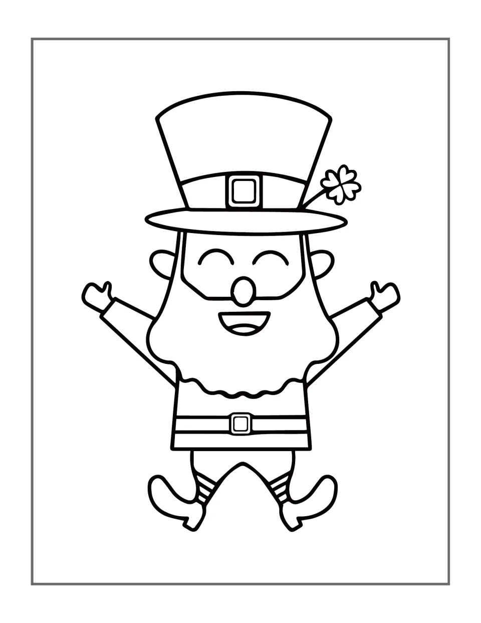 Leprechaun coloring design 1: a smiling character raising both arms, wearing a clover-trimmed top hat