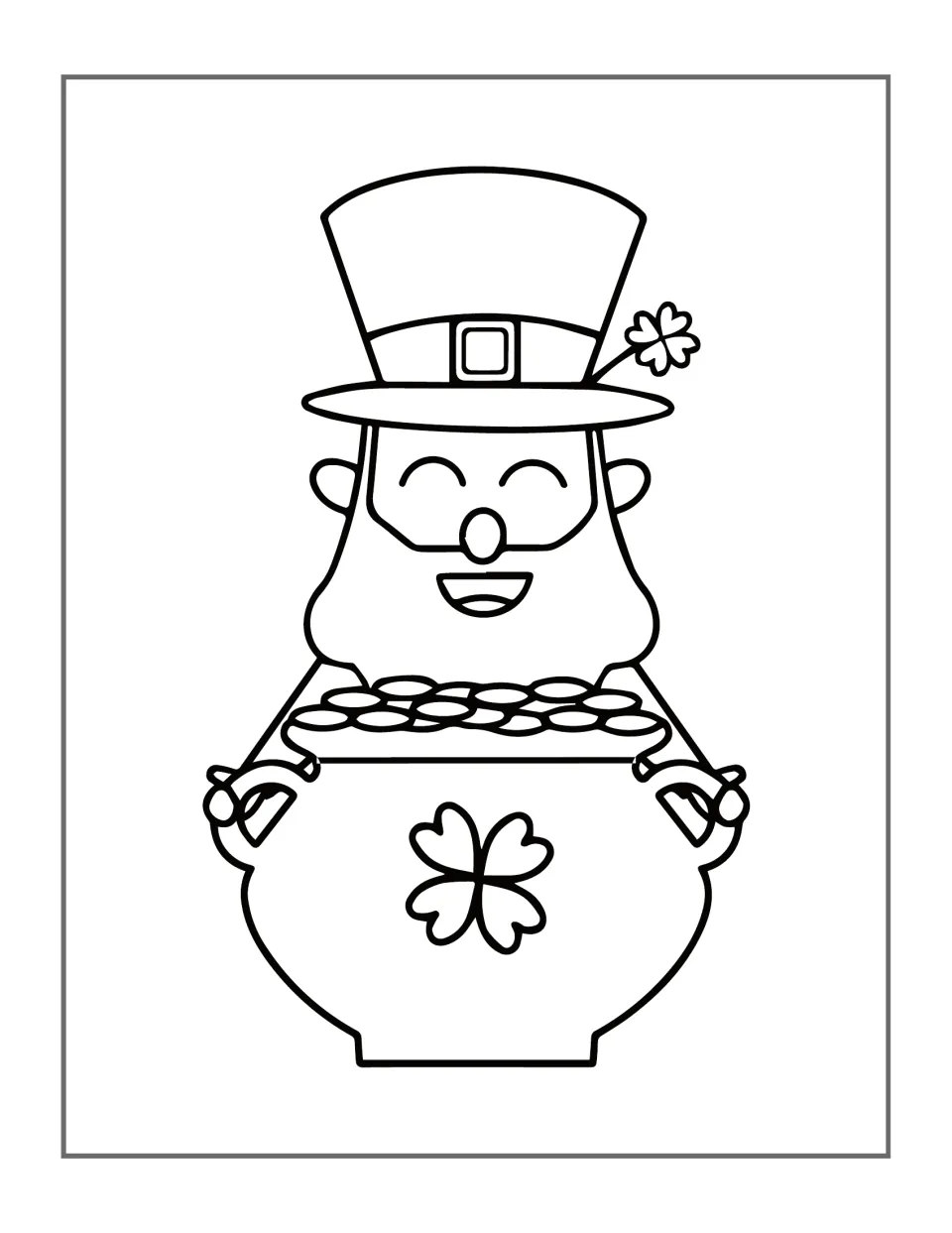 Leprechaun coloring design 2: a smiling character holding the handles of a clover-decorated pot of gold
