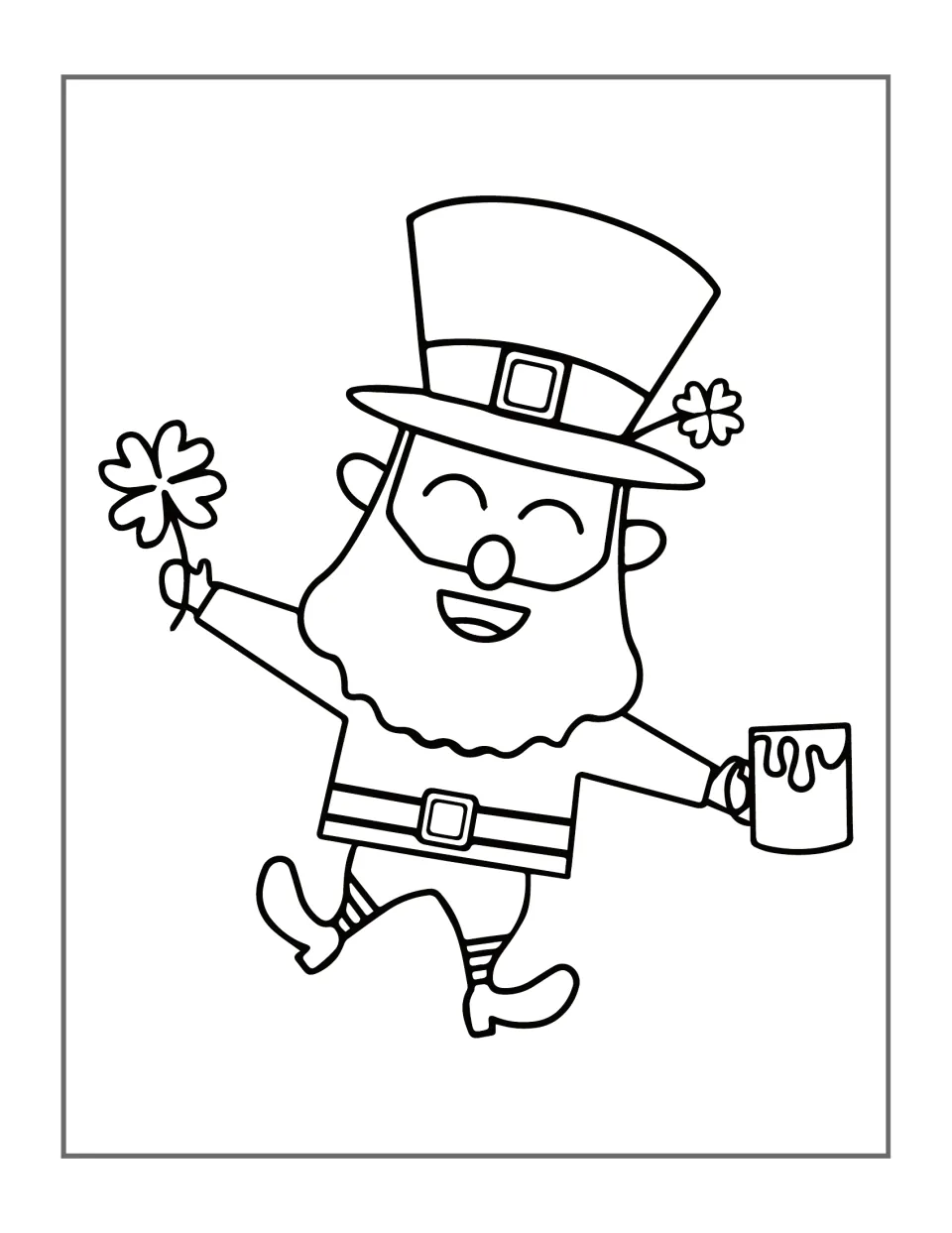 Leprechaun coloring design 3: a smiling character holding a clover and a foaming mug, with one leg raised