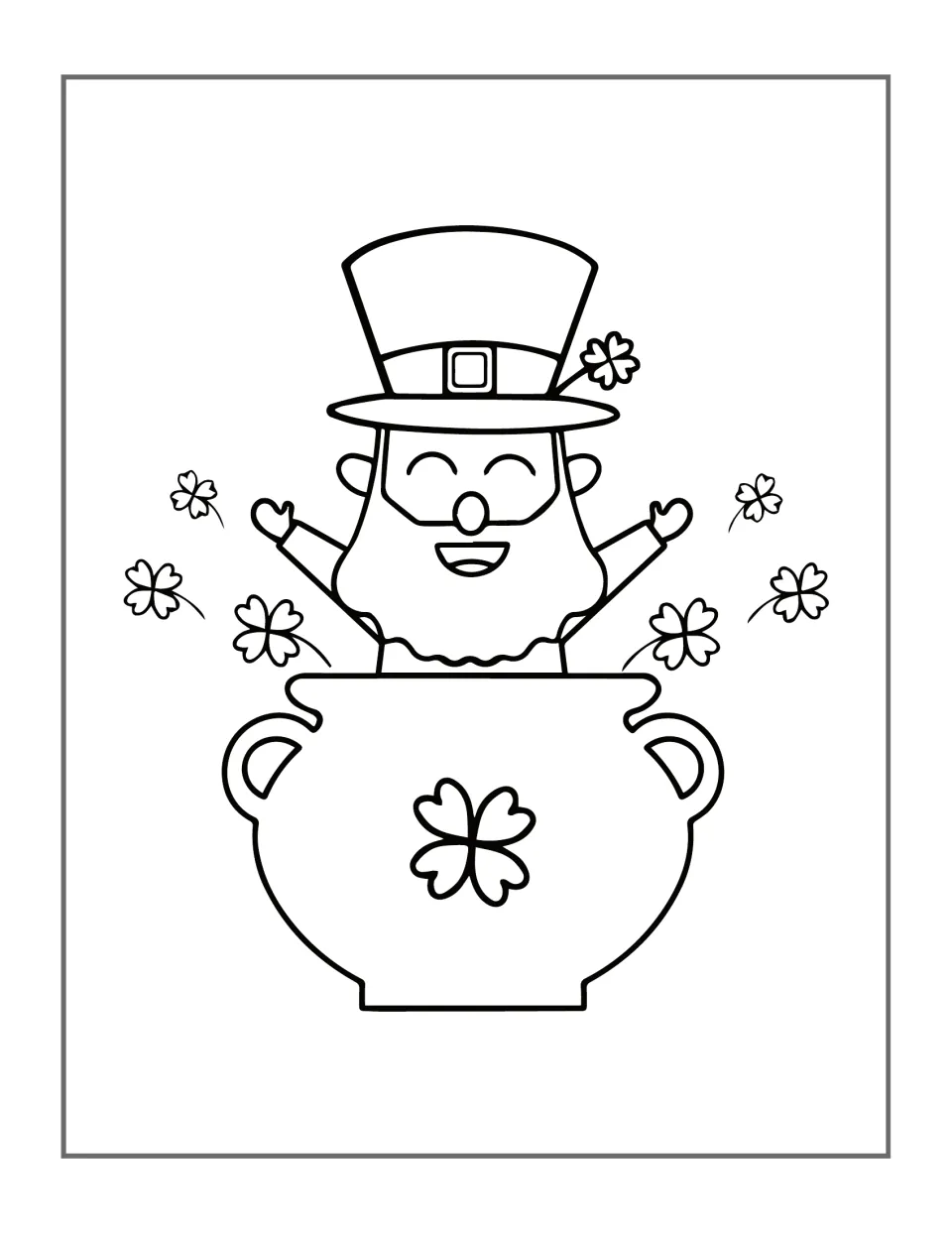 Leprechaun coloring design 4: a character raising both arms from inside a large pot surrounded by clovers