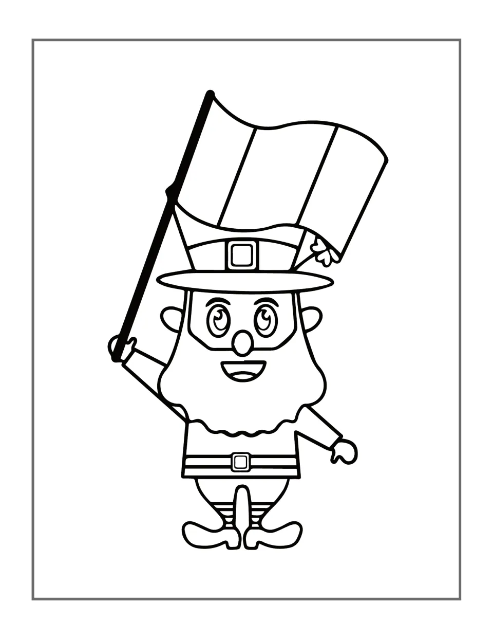 Leprechaun coloring design 5: a smiling character holding a tall flagpole topped by a three-section flag