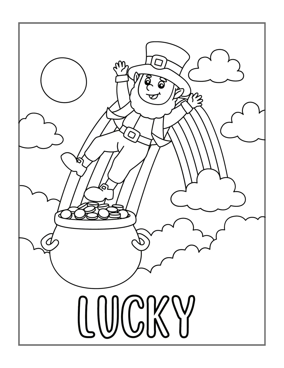 Leprechaun coloring design 6: a character on a rainbow above a pot of gold, with clouds and the word “LUCKY”