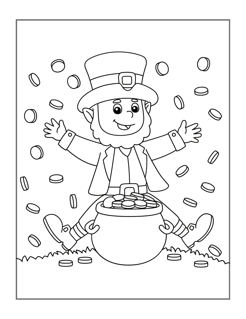 Leprechaun coloring design 7: a character sitting behind a pot of gold with arms spread and coins in the air