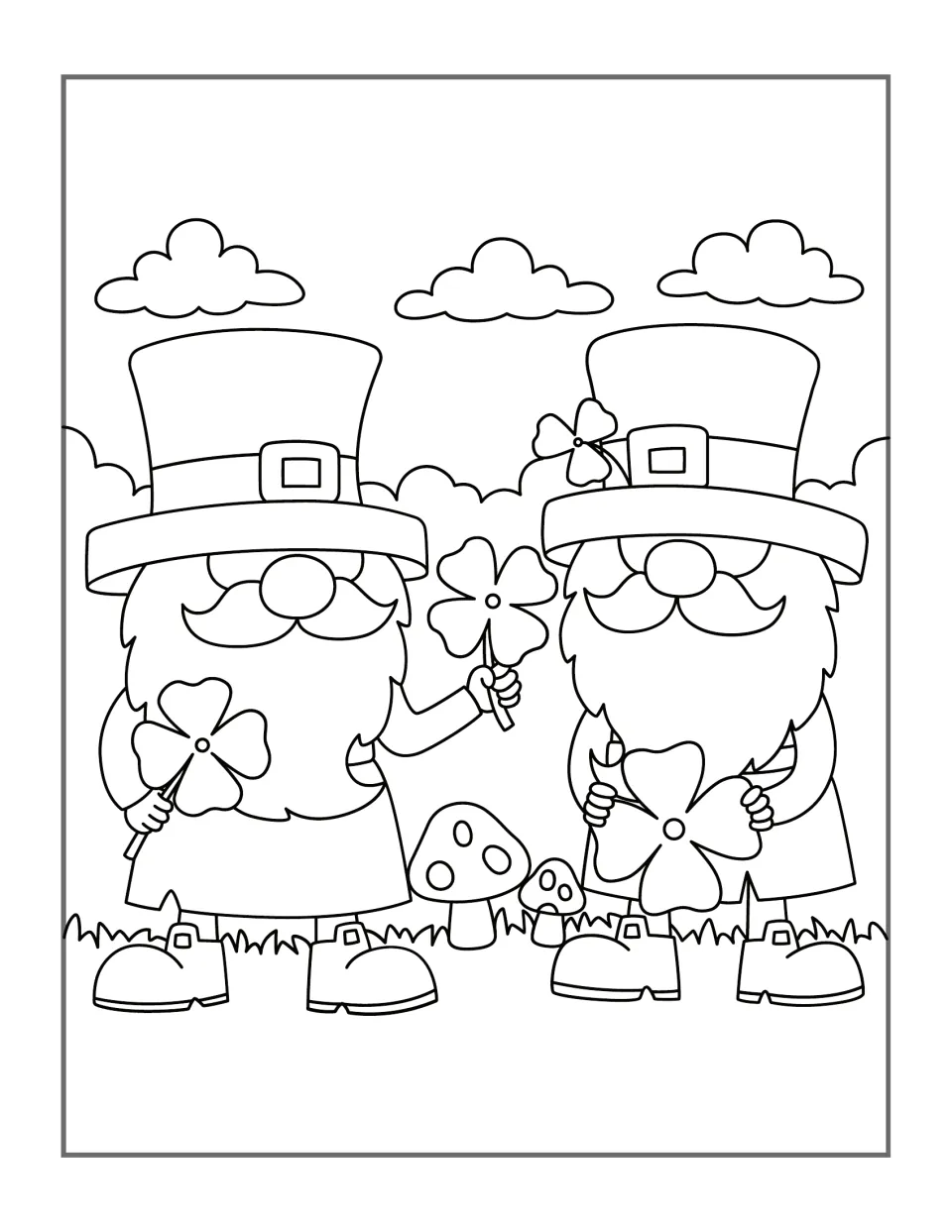 Leprechaun coloring design 8: two bearded characters in tall hats holding clovers beside small mushrooms