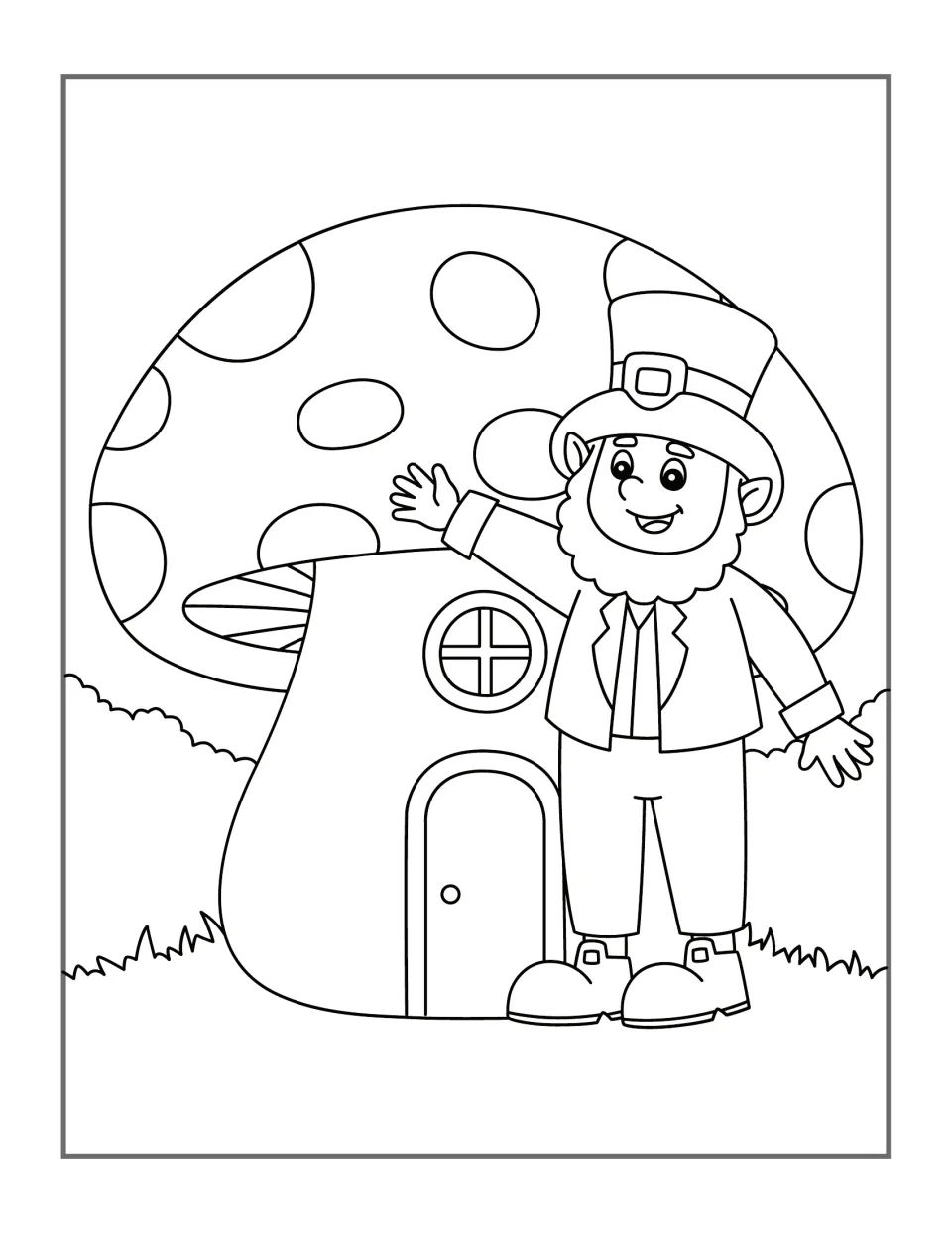 Leprechaun coloring design 9: a waving character beside a spotted mushroom house with a round window and door