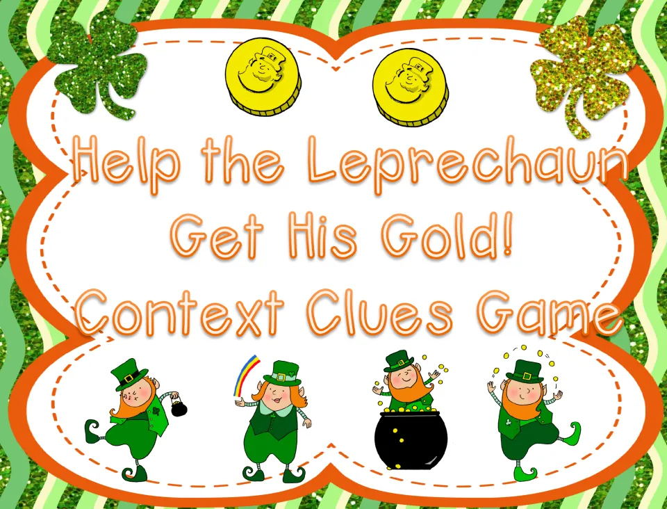 Cover: Help the Leprechaun Get His Gold! Context Clues Game, with gold coins, shamrocks and four dancing leprechauns