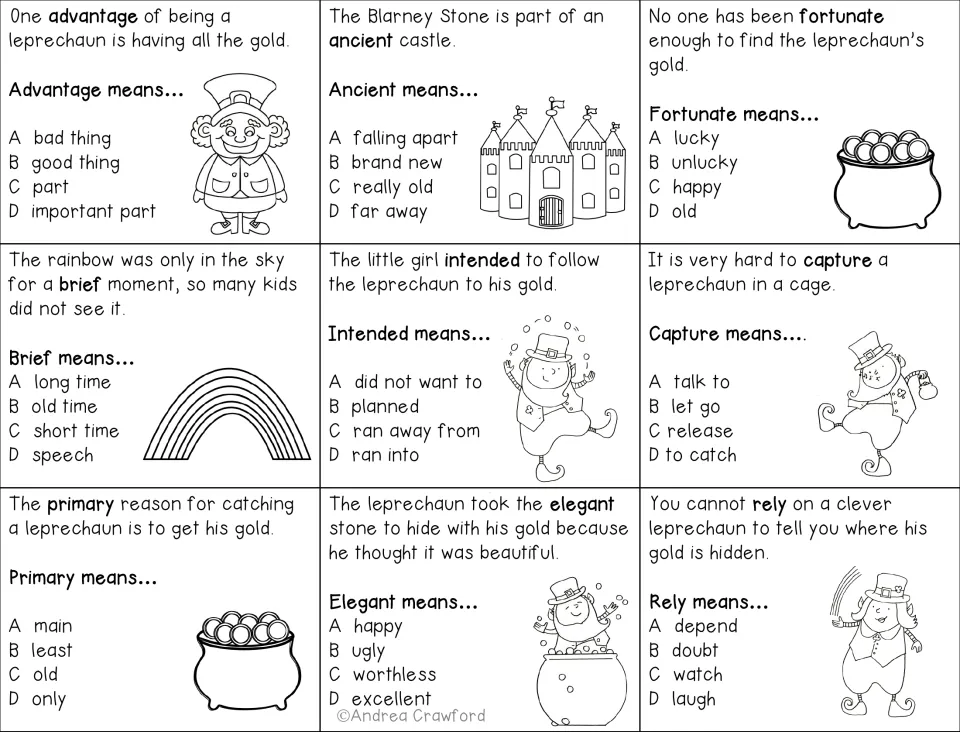 Context clues cards: students use a leprechaun sentence to pick the meaning of advantage, ancient, brief, capture or rely