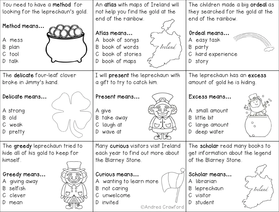 Vocabulary cards: students read each sentence and choose what method, atlas, ordeal, delicate, greedy or scholar means