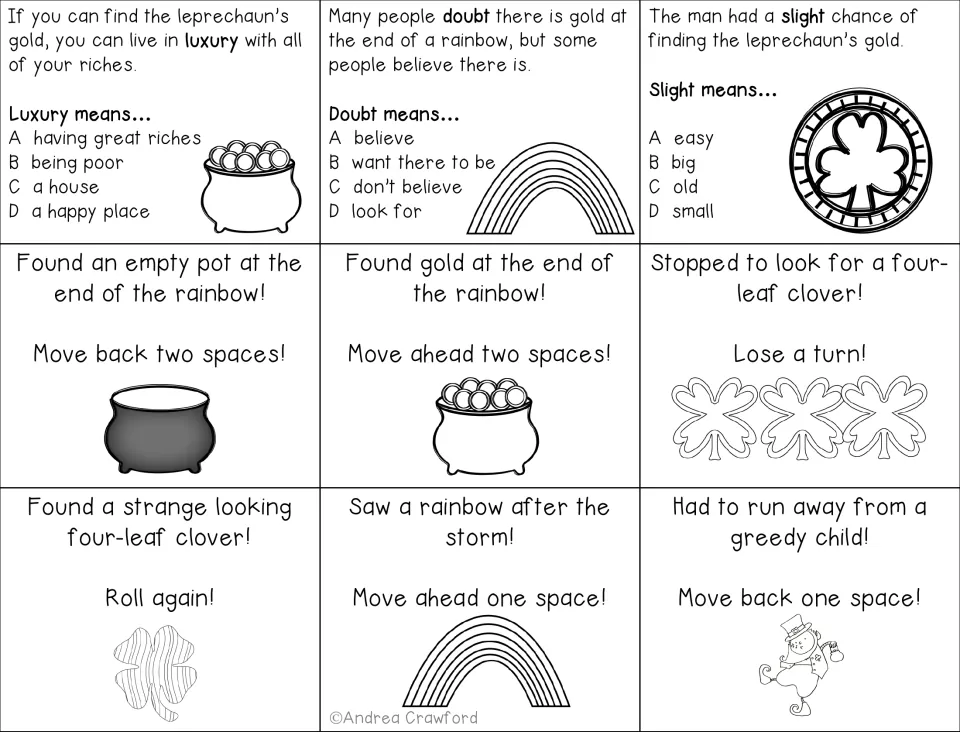 Word meaning cards for luxury, doubt and slight, plus six chance cards like Lose a turn and Roll again