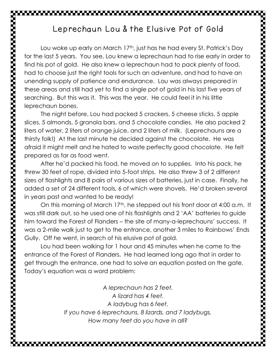 Story opening: Lou packs food and tools, then reaches a gate with a math problem about animals’ feet.