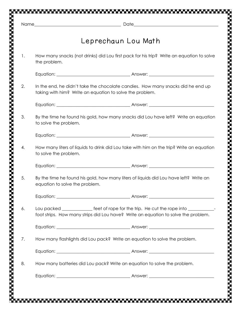 Math problems 1–8 ask students to write equations about Lou’s snacks, drinks, rope, flashlights, and batteries.