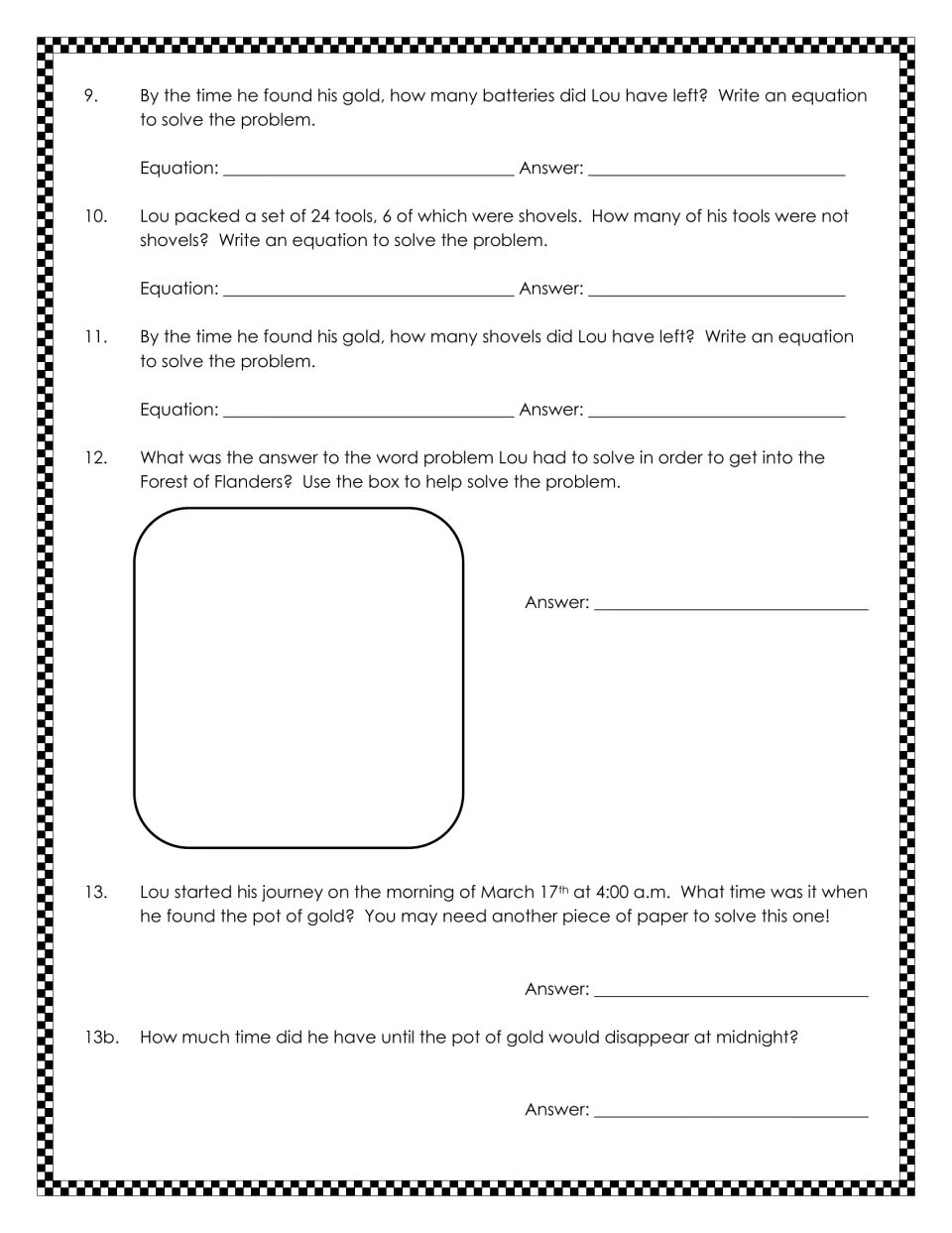 Math problems 9–13b cover Lou’s batteries, tools, shovels, the gate riddle, and time remaining until midnight.
