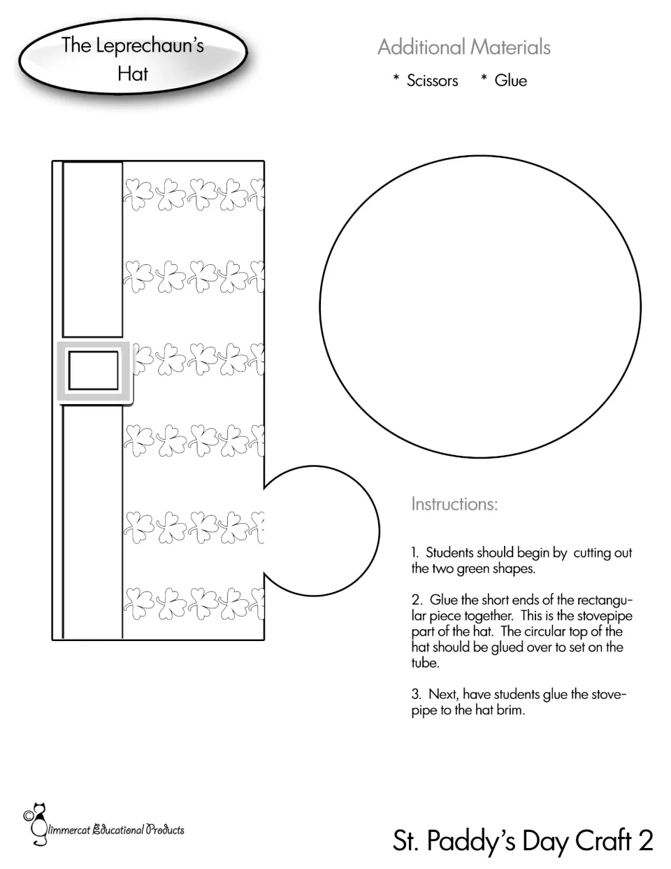 Leprechaun hat craft template: a shamrock-patterned hat body, circular brim, and three assembly directions