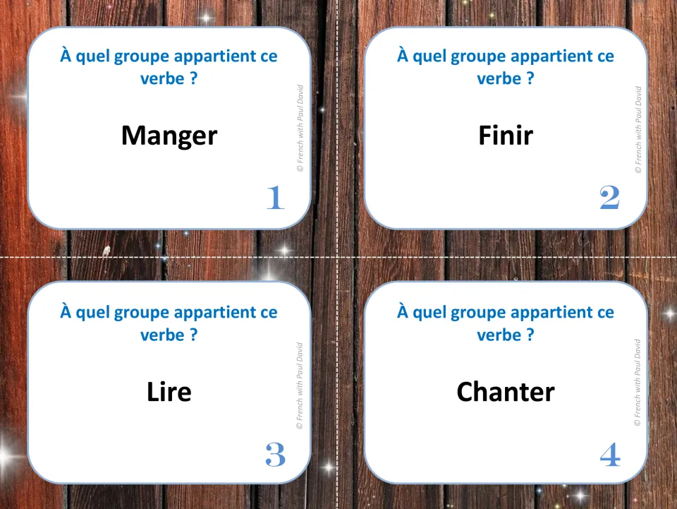 French verb group task cards 1-4: students decide whether manger, finir, lire and chanter are 1st, 2nd or 3rd group