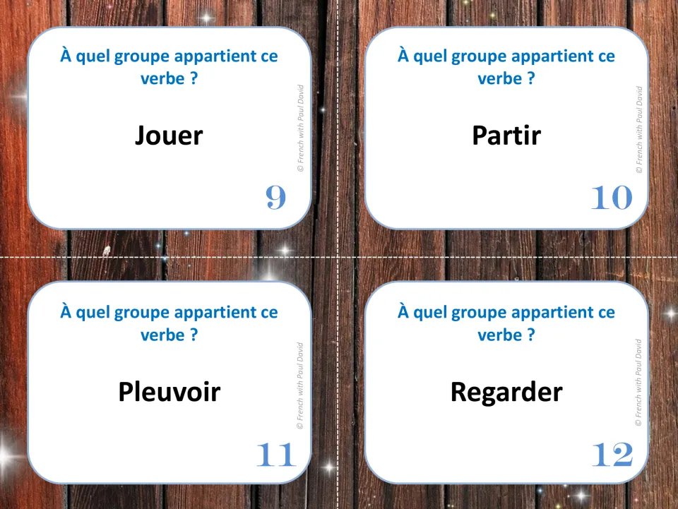 Task cards 9-12 on French verb groups: students place jouer, partir, pleuvoir and regarder in the correct group