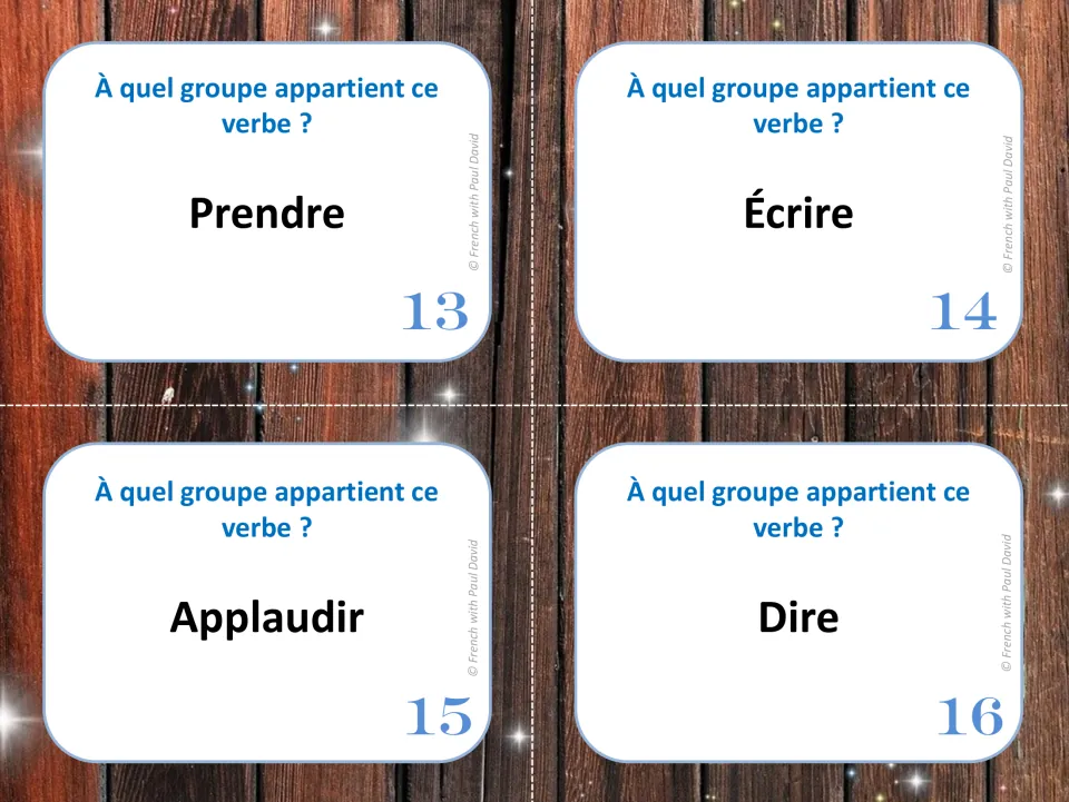 Verb group cards 13-16: students identify the group of prendre, écrire, applaudir and dire from each infinitive